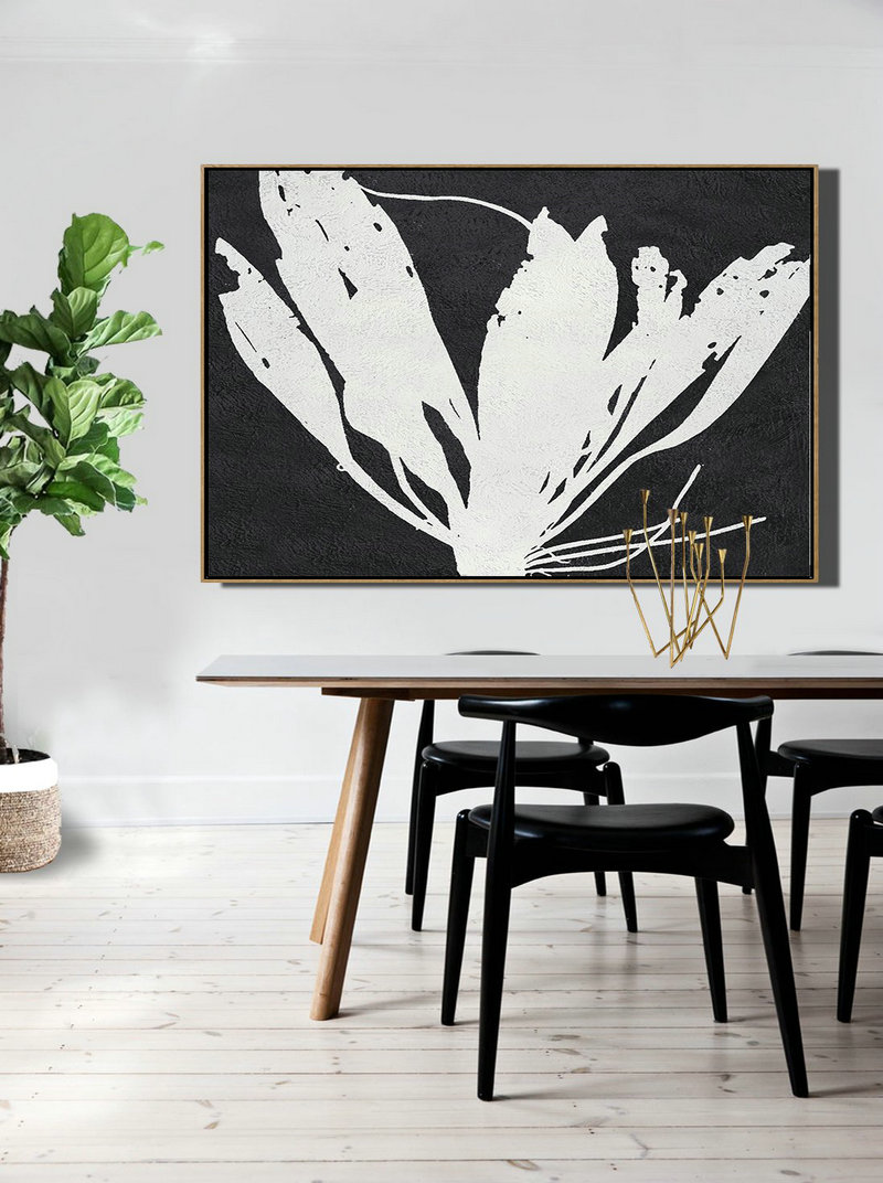 Big Art Canvas,Oversized Horizontal Minimal Art On Canvas, Black And White Minimalist Flower Art - Large Wall Art Canvas